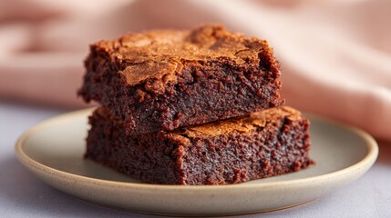 Delicious chocolate brownies stacked on a light plate, showcasing a rich texture and moist interior, perfect for dessert lovers and baking enthusiasts seeking indulgent treats