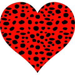 Red heart shape with black polka dots minimalist graphic design bold pop art concept playful romantic symbol representing love passion and creativity isolated on white background