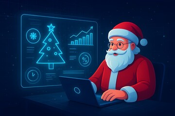 Futuristic Santa Claus Using Laptop with Holographic Christmas Data – Digital Holiday Technology Illustration