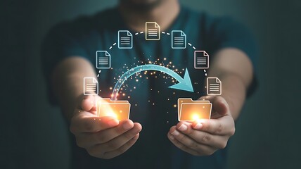 Information exchange and file transfer concept. Businessman holding folder icon for transfer file of data between folders. FTP (File Transfer Protocol). Files recovery