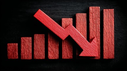 Dramatic red arrow plunges over wooden bar chart signifying financial crisis, market crash, or economic downturn