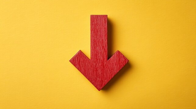 Vibrant red arrow points downward on a textured yellow background, symbolizing decline, decrease, or a negative trend.
