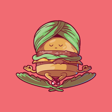 Calm Veggie Burger Character in Meditation Pose vector illustration. Food, mascot design concept.
