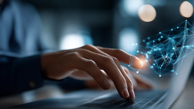 Close up of faceless hand interacting with AI workflow on laptop defocused machine learning pipeline background artificial intelligence process visualization data analysis