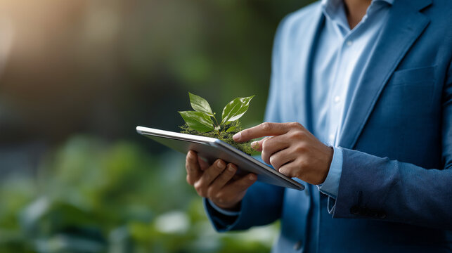 Faceless business professional using digital tools for carbon footprint reduction defocused eco friendly technology dashboard background net zero emissions data sustainable