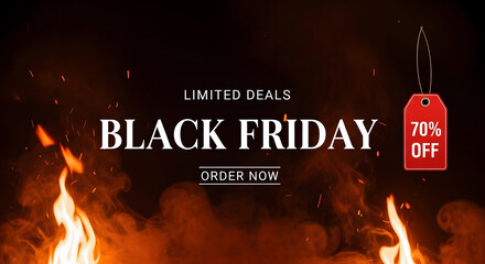 Intense Black Friday limited deals banner showing 70 percent price reduction against dramatic fiery dark background