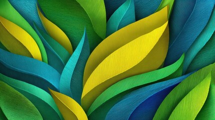 Fototapeta premium A lively arrangement of abstract leaves in various shades of green and yellow fills the space, creating a dynamic and fresh atmosphere. This vibrant design is full of energy.