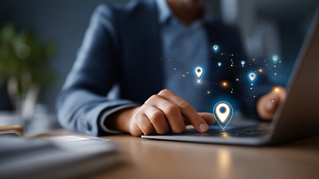 Faceless business person working on local SEO strategy defocused digital marketing icons background location targeting interface online visibility optimization local search ran