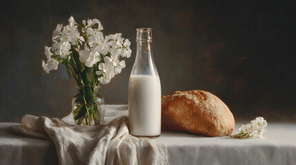 Vintage still life with bottle of milk bread and white flowers on linen cloth in rustic style celebrating National Milk Day in USA

