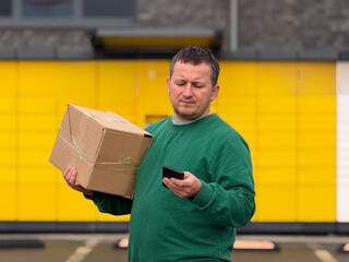 Man checking phone while holding delivery box