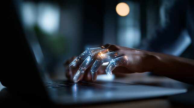 Faceless hand using laptop with AI interface and code defocused virtual programming screen background generative AI development prompt engineering interface artificial