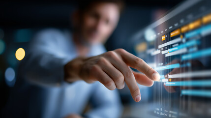 Faceless user interacting with digital project management dashboard defocused Gantt chart background activities timeline visible progress tracking interface task scheduling vis