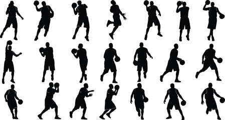 Basketball player silhouettes, athletes playing basketball, dribbling, dunking, and shooting action poses vector illustration design