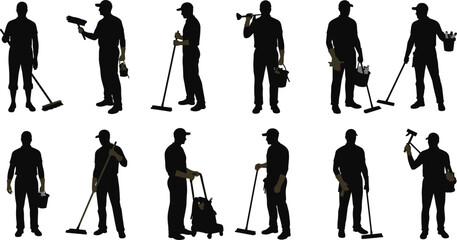 Obraz premium Cleaning worker silhouette set, janitor vector collection, maintenance staff, hygiene service, professional cleaner, labor occupation illustration