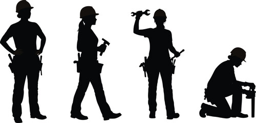 Female construction worker silhouette set, builder woman vector illustration, labor tools, industrial job, professional workforce design
