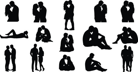 Romantic couple silhouette set, love poses vector collection, intimacy illustration, affection, relationship, kissing, romantic art