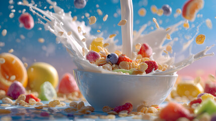 Milk splashing into bowl of fruit cereal with vibrant background symbolizing healthy breakfast and National Milk Day in USA