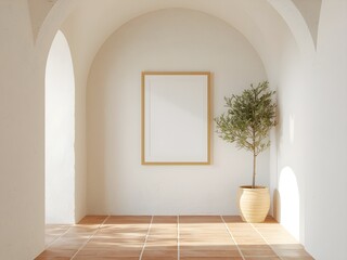mediterranean minimalist hallway interior, empty frame mockup, arched ceiling, olive plant, terracotta tiles, warm soft sunlight