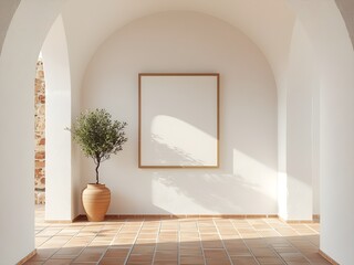 mediterranean minimalist hallway interior, empty frame mockup, arched ceiling, olive plant, terracotta tiles, warm soft sunlight