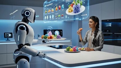 Robot serves woman futuristic meal with holographic display