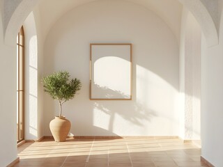 mediterranean minimalist hallway interior, empty frame mockup, arched ceiling, olive plant, terracotta tiles, warm soft sunlight