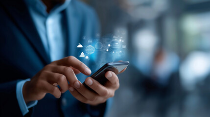 Faceless businessman using smartphone with digital transformation icons defocused cloud computing background data analytics visualization global technology network innovation
