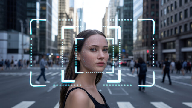 A busy urban street scene filled with pedestrians moving in various directions. Advanced facial recognition graphics overlay multiple faces, showcasing technology's integration in everyday life