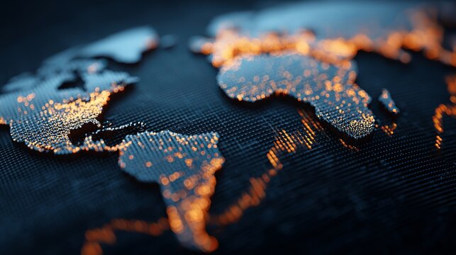 Dynamic digital world map with glowing city lights reveals global connections and modern technological advancement - Powered by Adobe