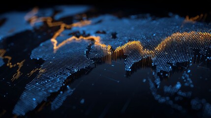Dynamic digital globe displaying global data streams and financial market trends with vibrant orange highlights and blue illumination, perfect for tech and business presentations