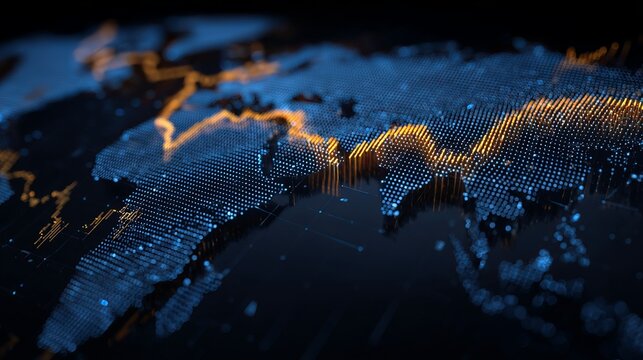 Dynamic digital globe displaying global data streams and financial market trends with vibrant orange highlights and blue illumination, perfect for tech and business presentations - Powered by Adobe