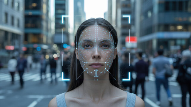 A busy urban street scene filled with pedestrians moving in various directions. Advanced facial recognition graphics overlay multiple faces, showcasing technology's integration in everyday life