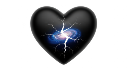 Broken heart revealing a vibrant spiral galaxy within, symbolizing cosmic love, emotional pain, universal connection, and hope isolated on transparent background