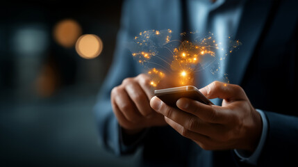 Faceless businessman using smartphone with AI language translation defocused multilingual communication background global technology interface international business connection