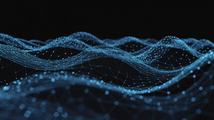 Stunning digital network visualization with glowing blue particles and abstract data streams in dark space
