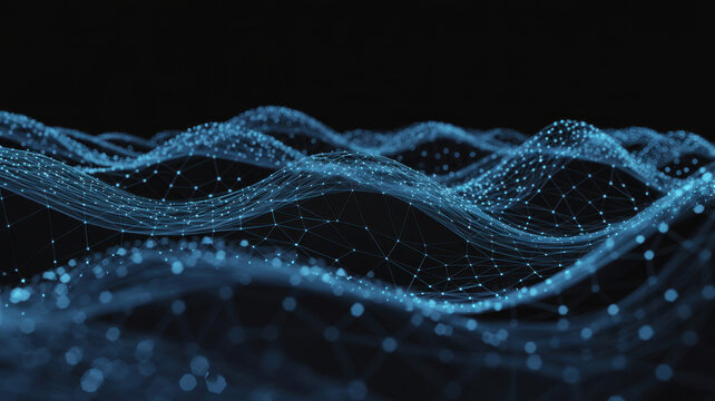Stunning digital network visualization with glowing blue particles and abstract data streams in dark space

