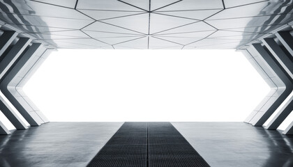 Obraz premium Futuristic bright starship with glowing lights. 3D rendering. White spaceship interior with isolated cut out transparent window 