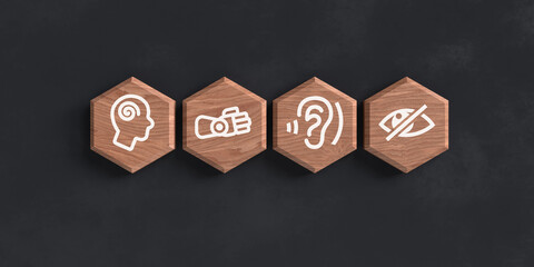 Digital Accessibility Law: Symbols for Mind, Mobility, Hearing, and Vision representing the European Accessibility Act (EAA) Compliance © sh99