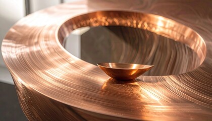 Abstract Copper Sculpture With Intricate Circular Patterns And A Small Bowl Placed Within The Design