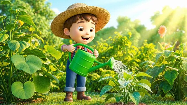 A cheerful child watering plants in a sunny garden.
