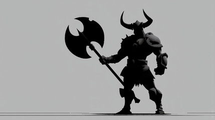 Dark warrior silhouette with horns and massive axe in minimal style