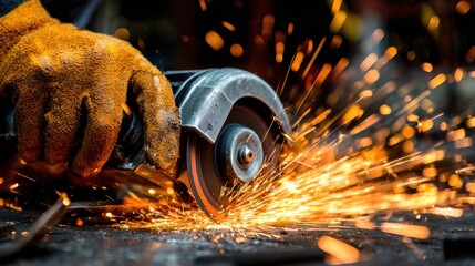 A worker skillfully grinds metal creating vibrant sparks in a busy workshop setting.