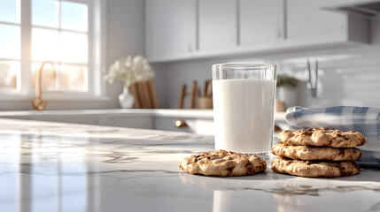 Glass of milk with cookies on marble kitchen counter in morning sunlight celebrating National Milk Day in USA
