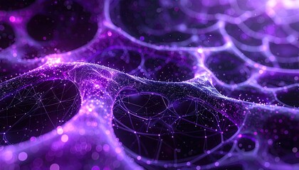 Abstract Digital Network With Glowing Purple Particles and Hexagonal Shapes Flowing In A Dark Cosmic Background Representing Technology And Data Flow