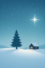 Minimal Winter Landscape with Christmas Tree, Snowy Cabin, and Shining Star – Peaceful Holiday Background