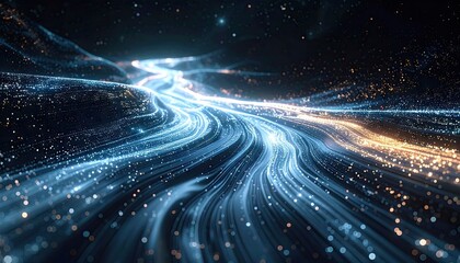 Abstract digital stream of glowing blue and orange particles flowing through dark space with shimmering stars and light trails creating a sense of cosmic energy and motion
