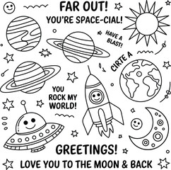 Hand drawn space themed greeting card with planets rocket ship moon sun and star illustrations