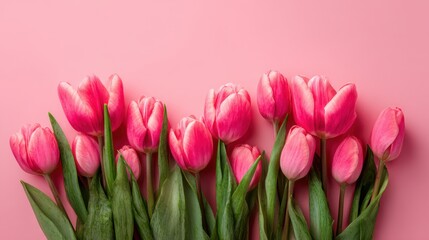 Fototapeta premium Colorful pink tulips with green leaves create a cheerful spring atmosphere against pale pink.