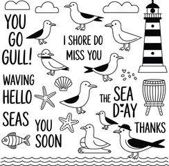 A nautical themed illustration with seagulls, lighthouse, and sea related greetings and objects