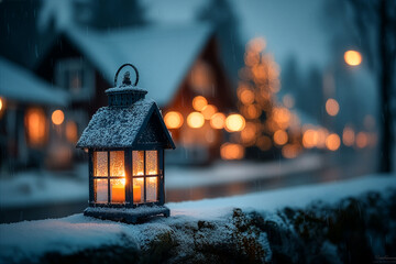 Snowy lantern with warm candle light in cozy winter village street. Christmas mood, home comfort and holiday hope