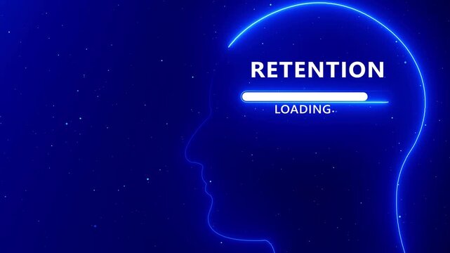 Blue Neon Human Head Silhouette with Retention Loading Bar on Dark Starry Background glowing
